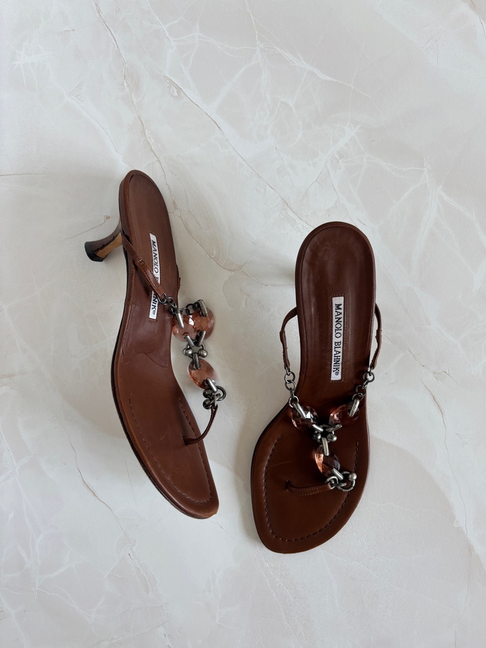vintage Y2K Manolo Blahnik chocolate leather beachy bead thong heel